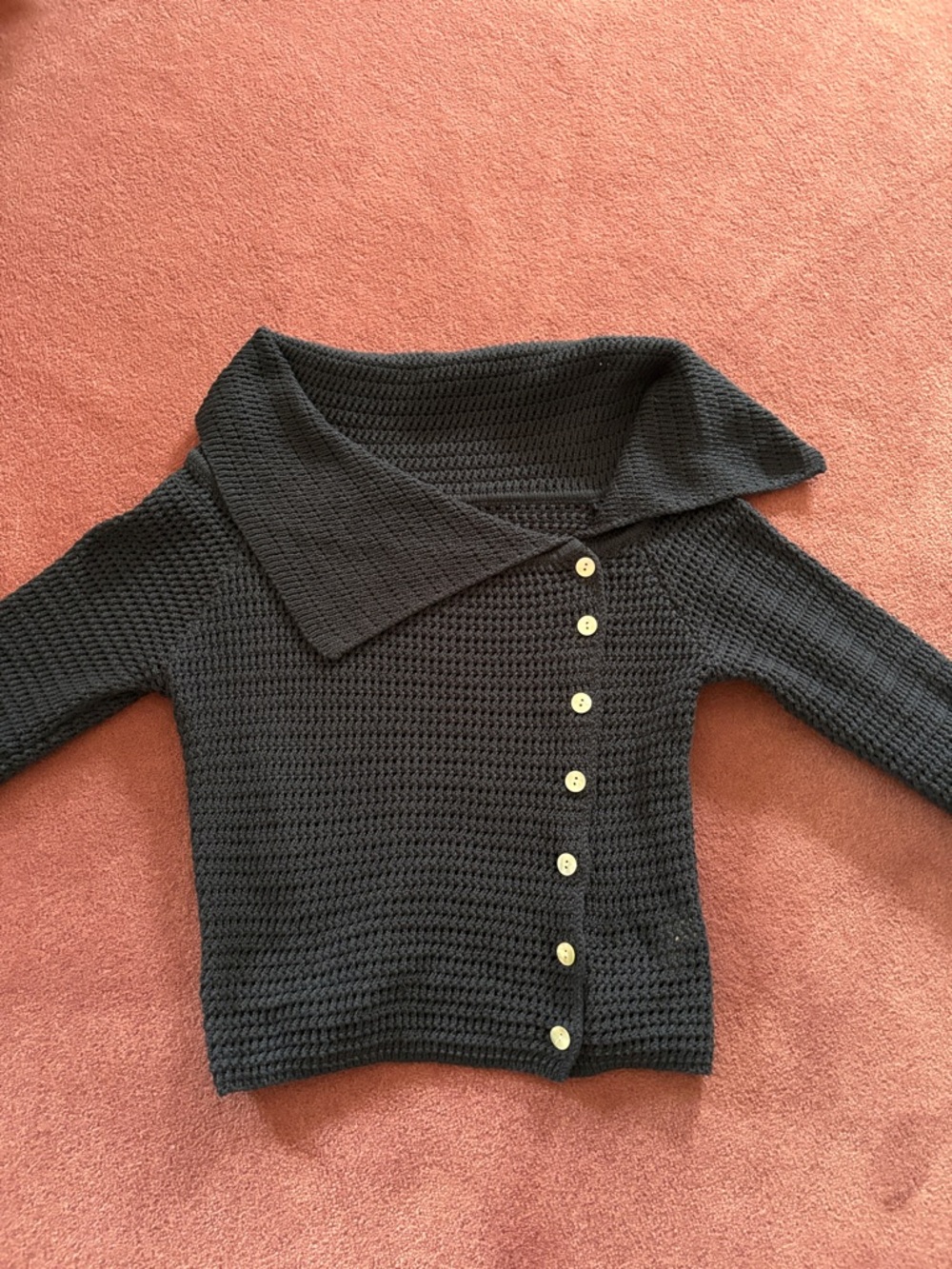 Navy Knit Asymmetrical Button Crochet Sweater
